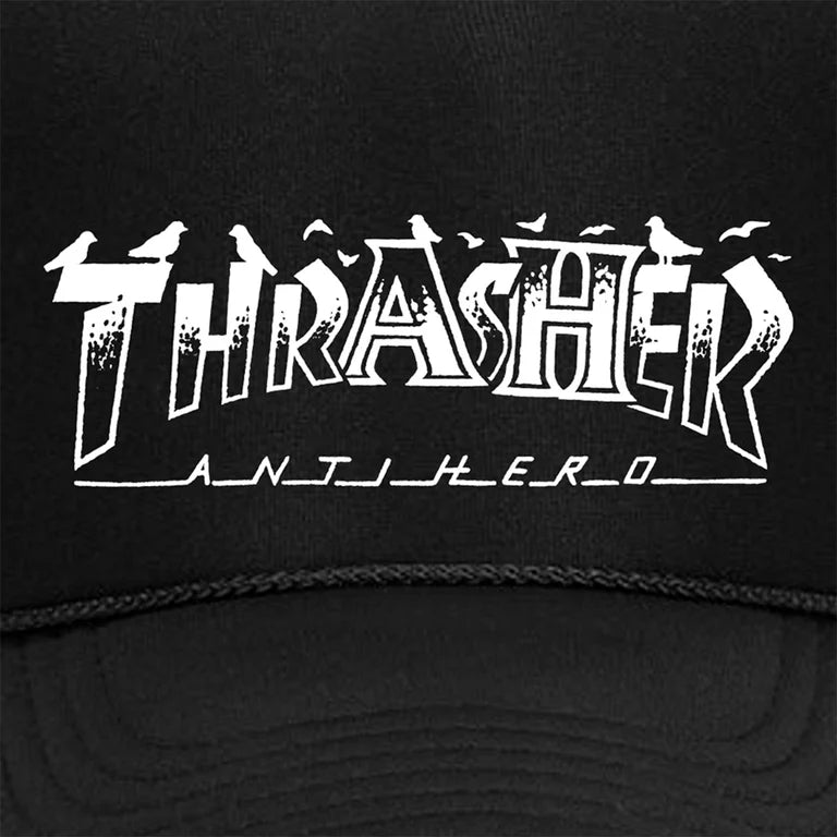 Gorra Thrasher X AntiHero Pigeon Mag Trucker Black