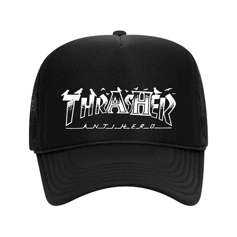 Gorra Thrasher X AntiHero Pigeon Mag Trucker Black